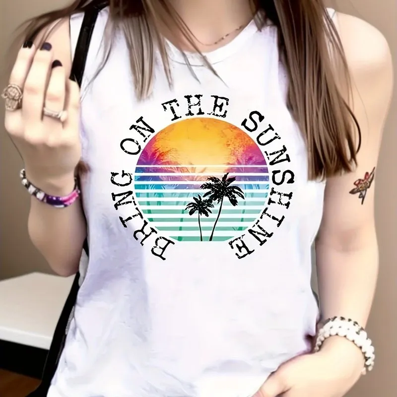 Coconut Tree  Letter Print Sleeveless Tank Top for Women