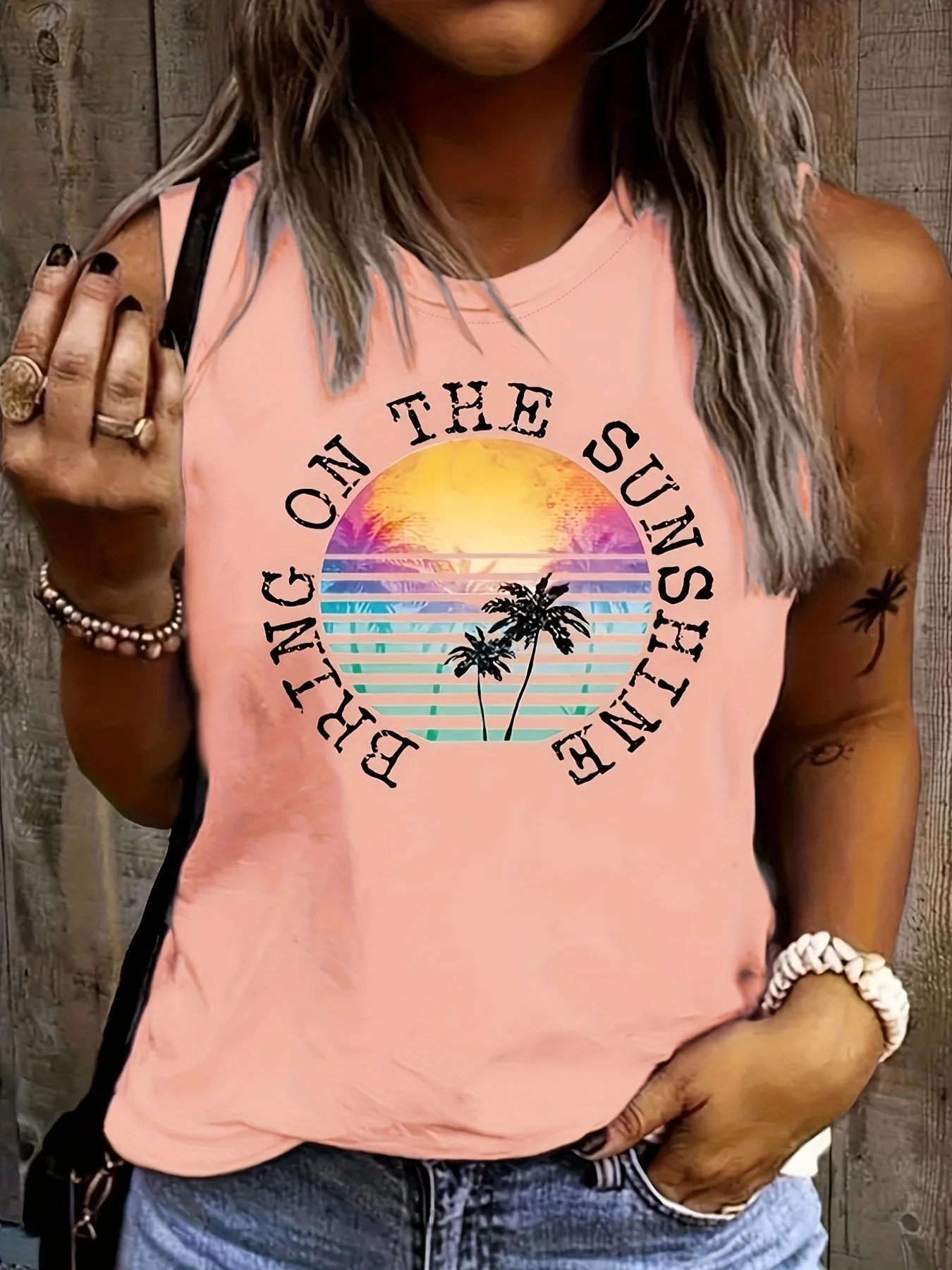 Coconut Tree  Letter Print Sleeveless Tank Top for Women