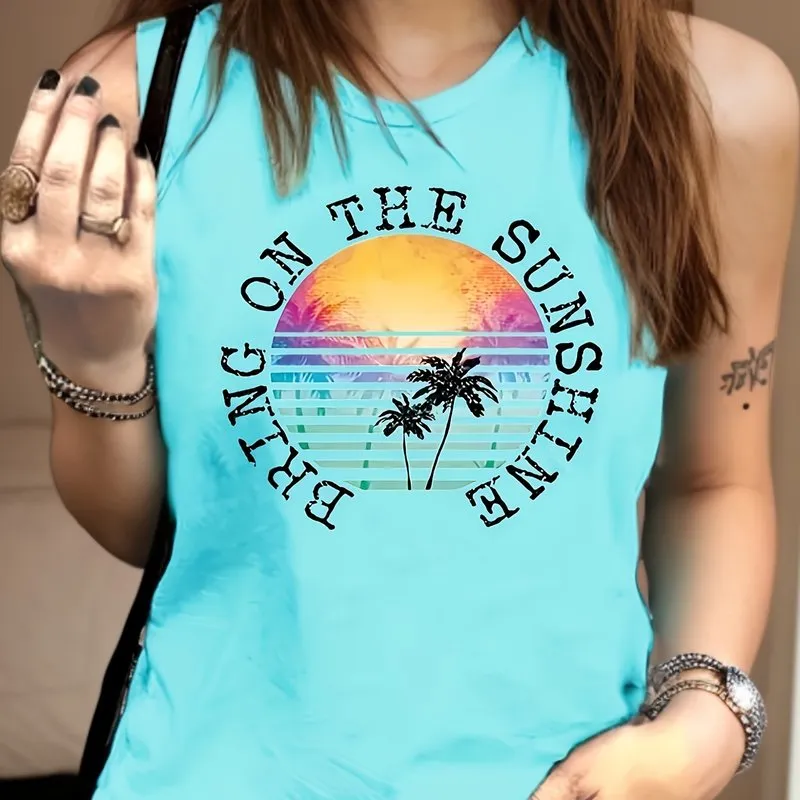 Coconut Tree  Letter Print Sleeveless Tank Top for Women