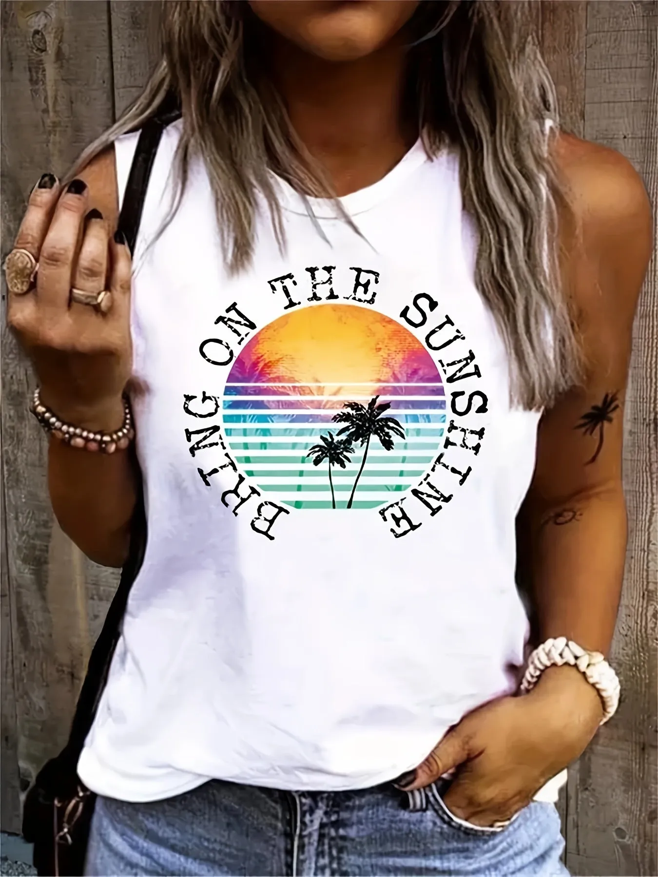 Coconut Tree  Letter Print Sleeveless Tank Top for Women