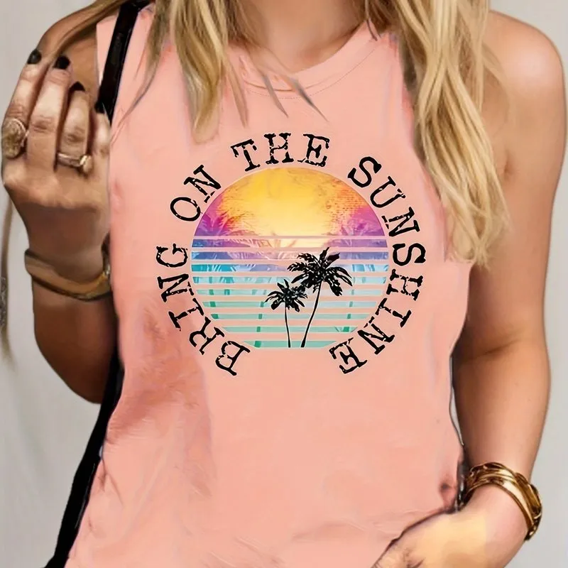 Coconut Tree  Letter Print Sleeveless Tank Top for Women