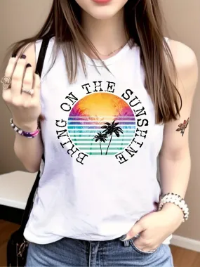 Coconut Tree  Letter Print Sleeveless Tank Top for Women