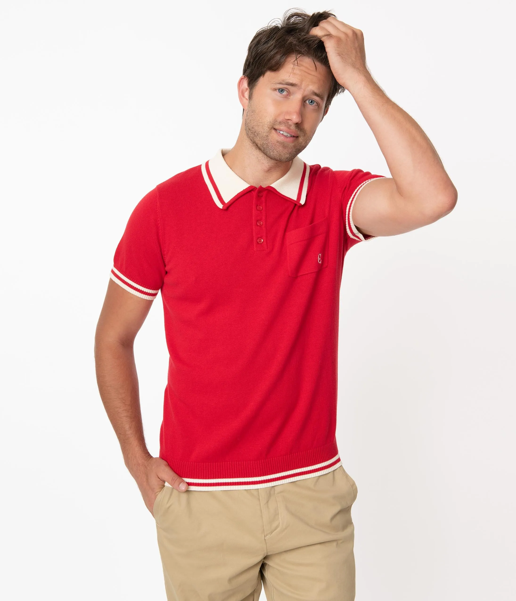 Collectif 1950s Retro Red Peru Knit Mens Polo Shirt