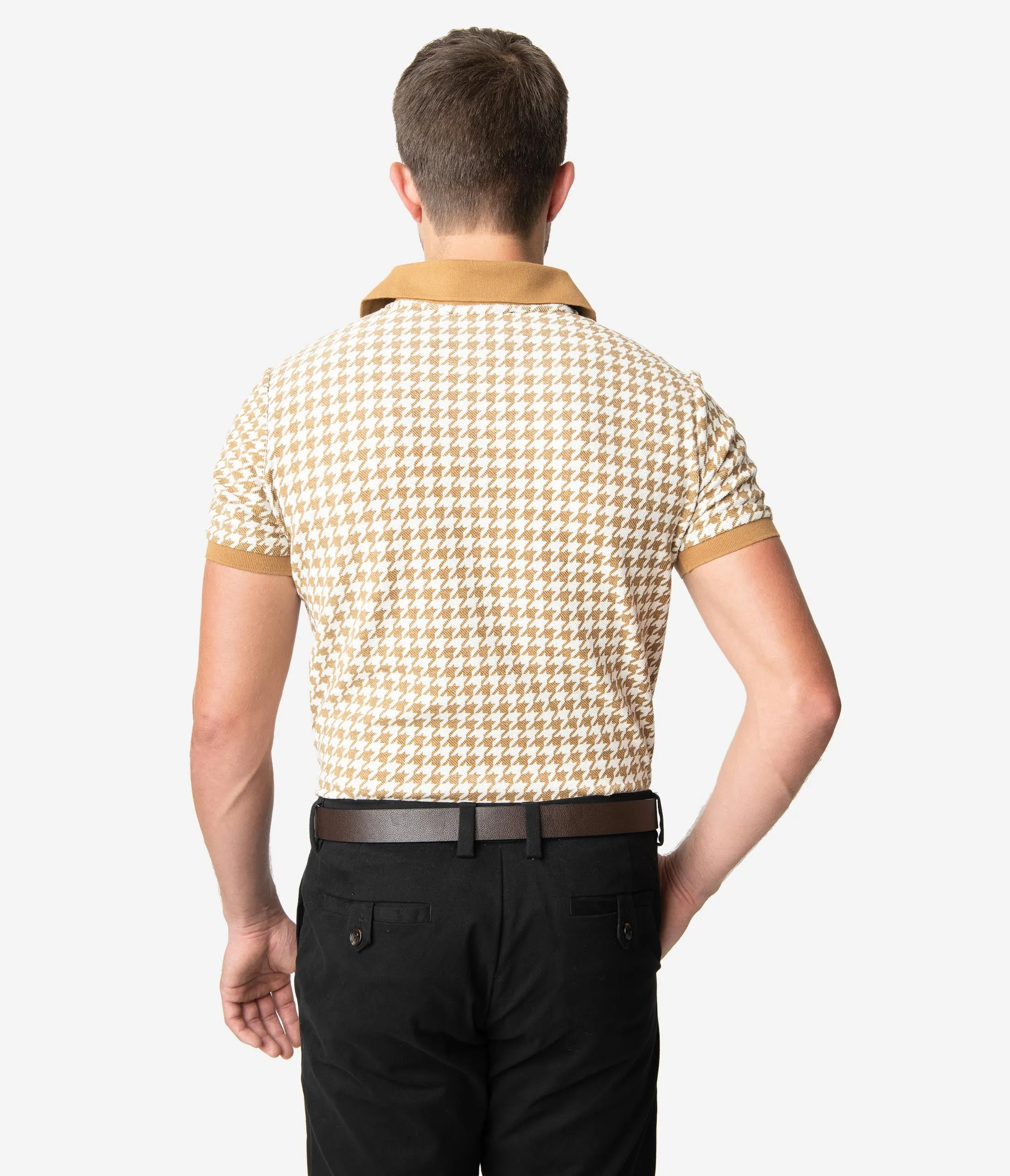 Collectif 1960s Mustard Houndstooth Short Sleeve Pablo Mens Polo Shirt