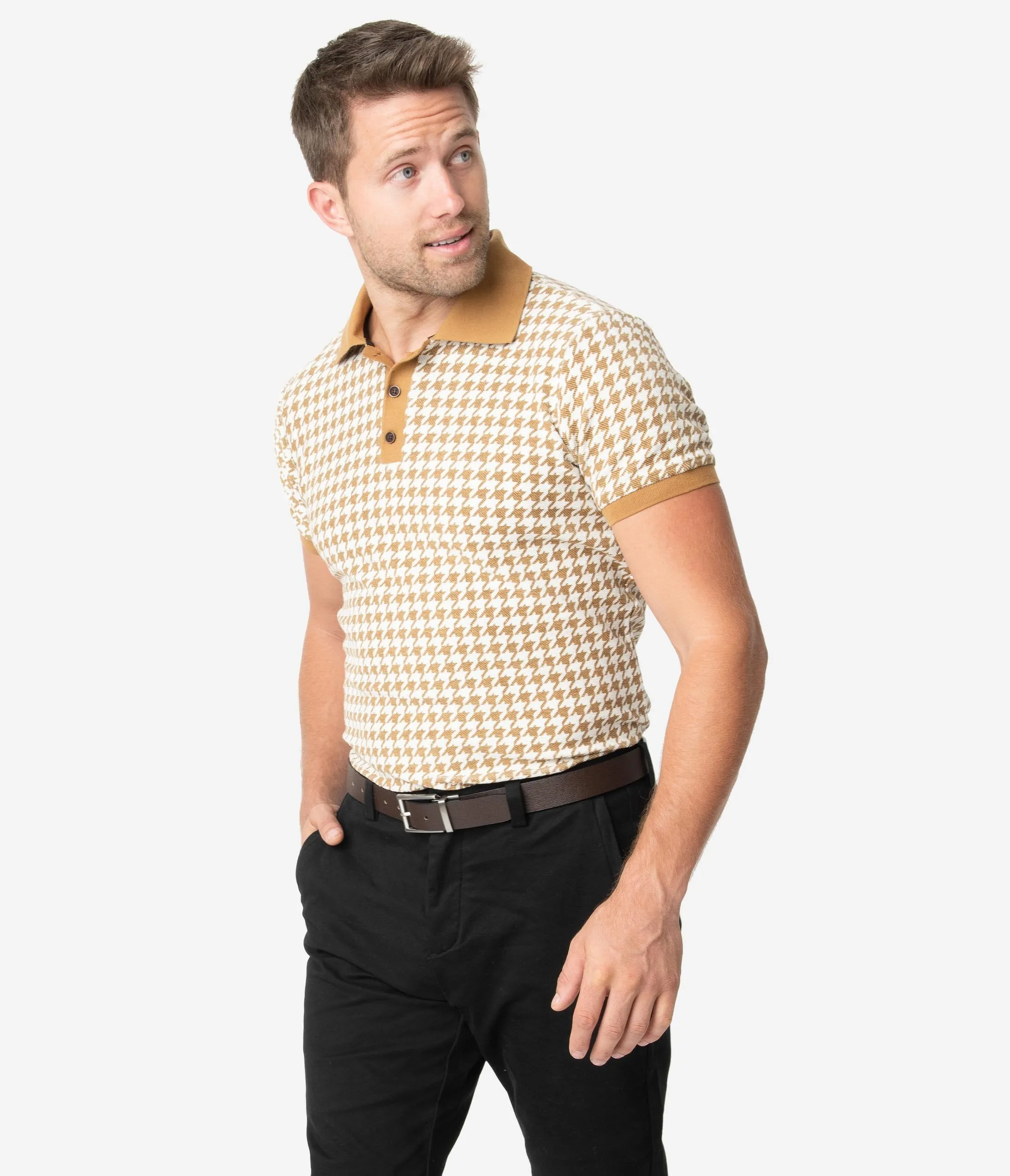 Collectif 1960s Mustard Houndstooth Short Sleeve Pablo Mens Polo Shirt