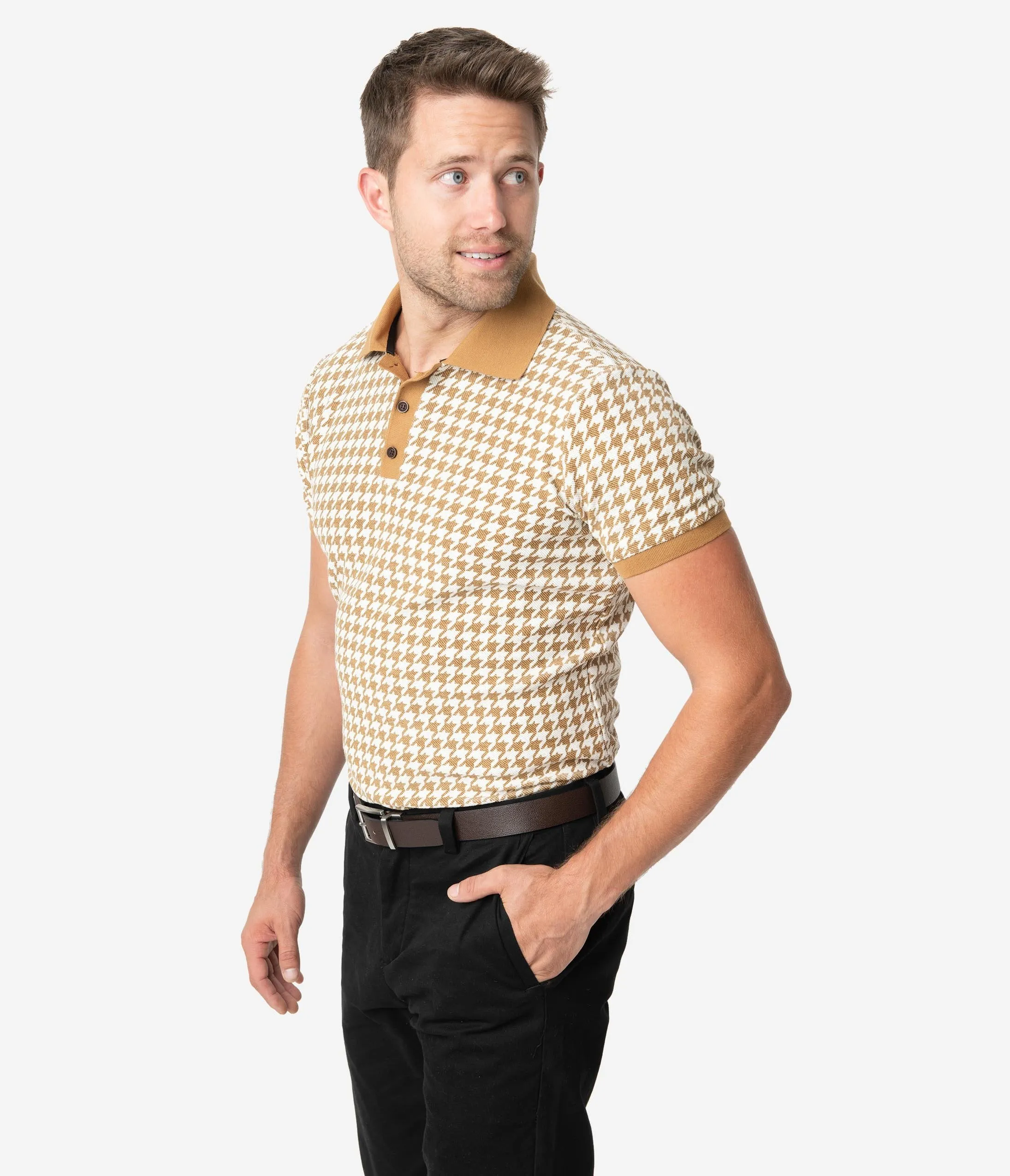 Collectif 1960s Mustard Houndstooth Short Sleeve Pablo Mens Polo Shirt