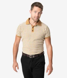 Collectif 1960s Mustard Houndstooth Short Sleeve Pablo Mens Polo Shirt