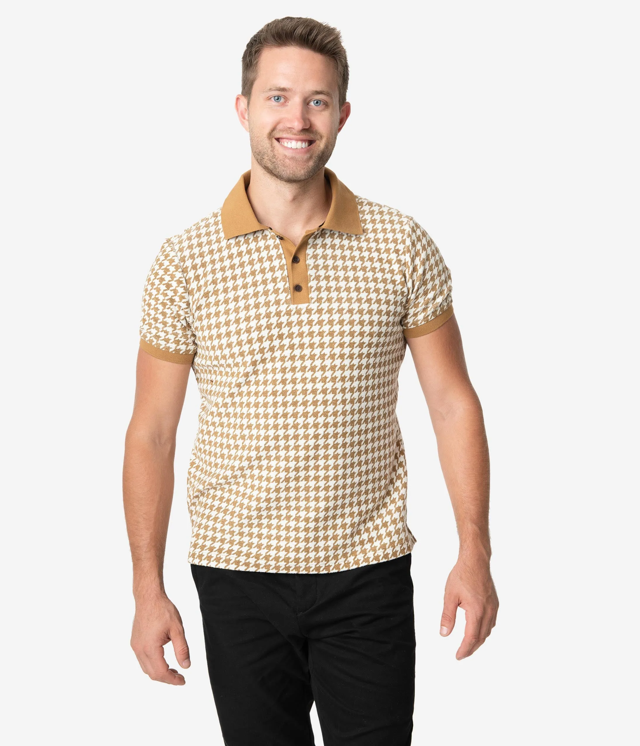 Collectif 1960s Mustard Houndstooth Short Sleeve Pablo Mens Polo Shirt