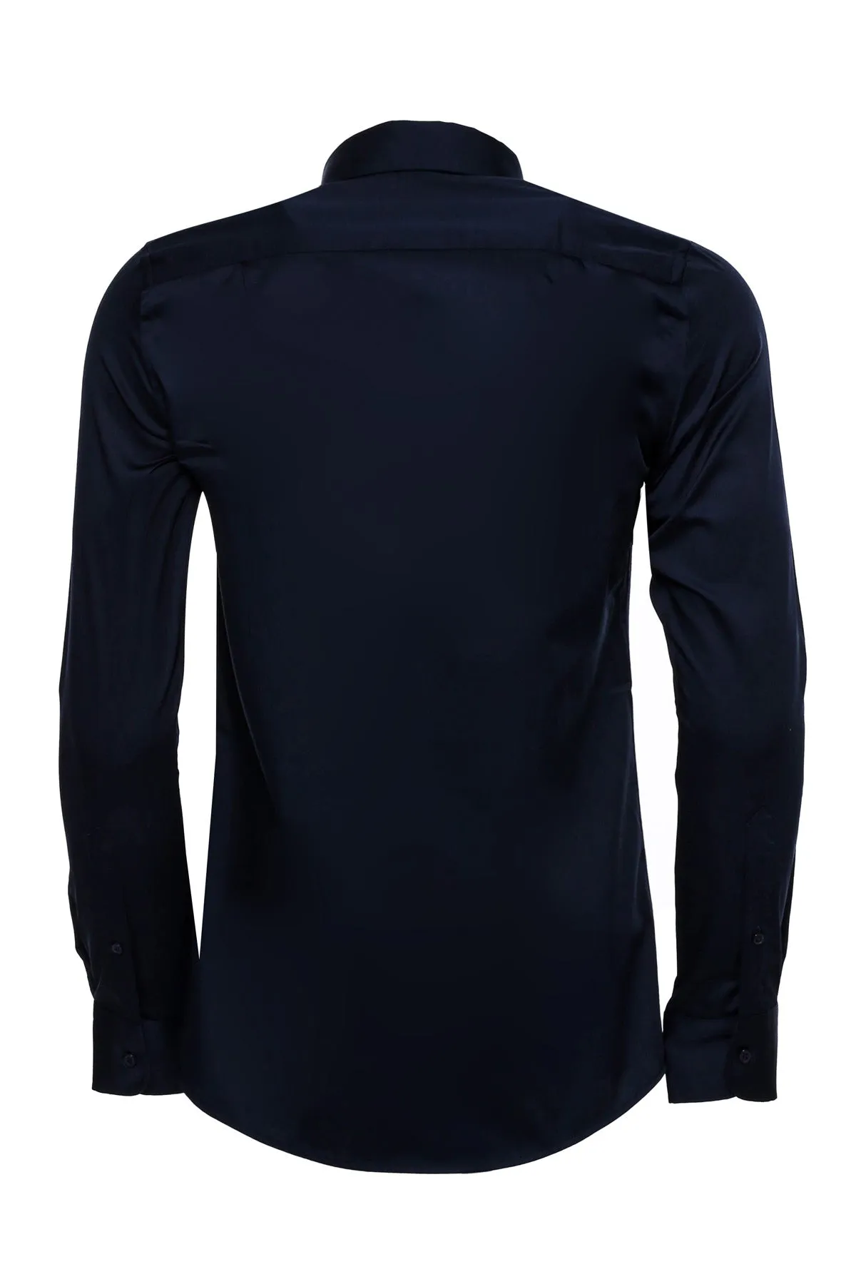 Cotton Satin Slim Fit Long Sleeves Plain Navy Blue Men Shirt - Wessi