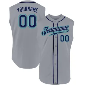 Custom Gray Navy-Teal Authentic Sleeveless Baseball Jersey