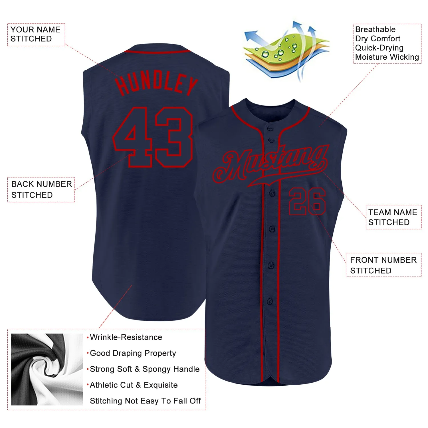 Custom Navy Navy-Red Authentic Sleeveless Baseball Jersey