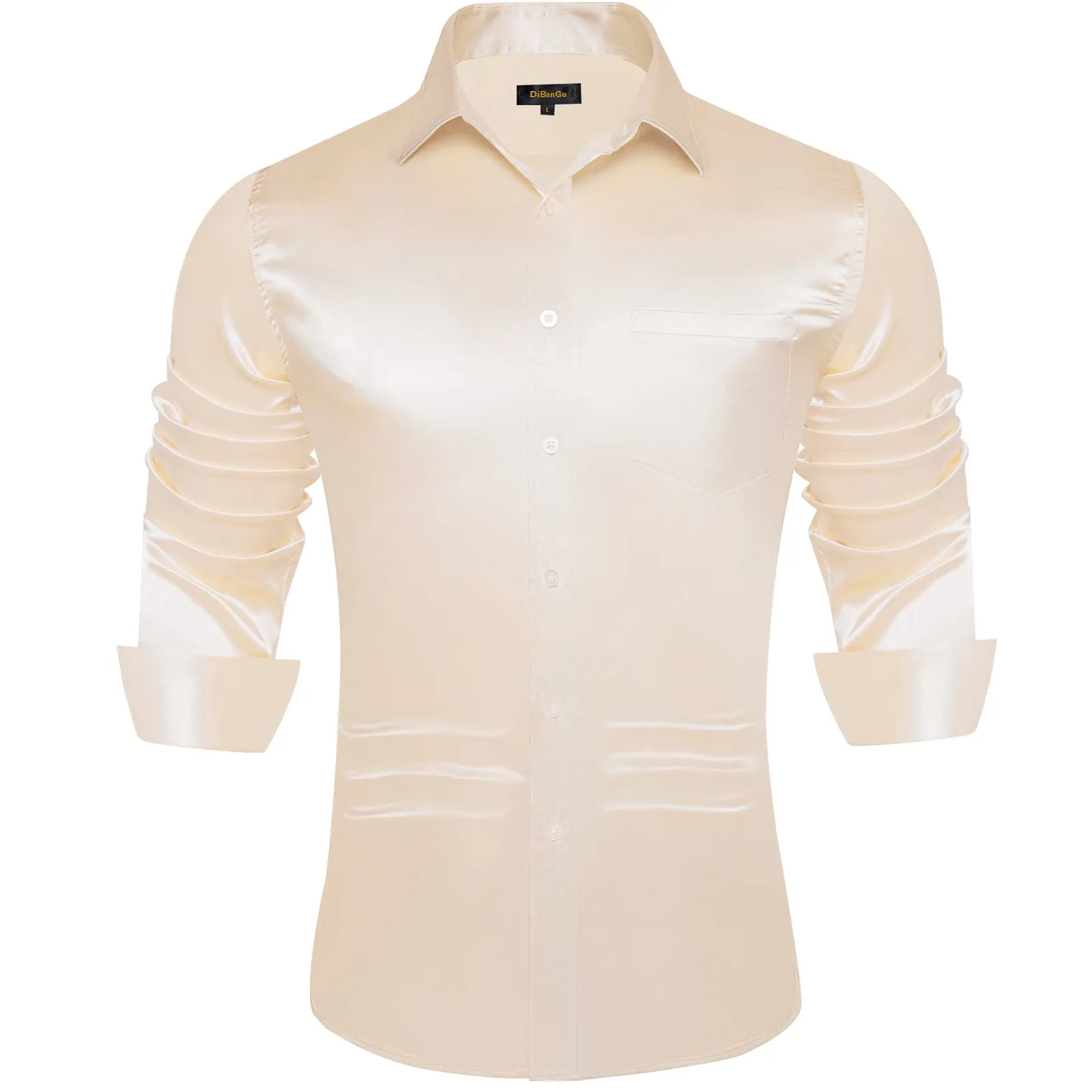 DiBanGu Dress Shirt Linen White Satin Solid Long Sleeve Button Up Shirt for Men