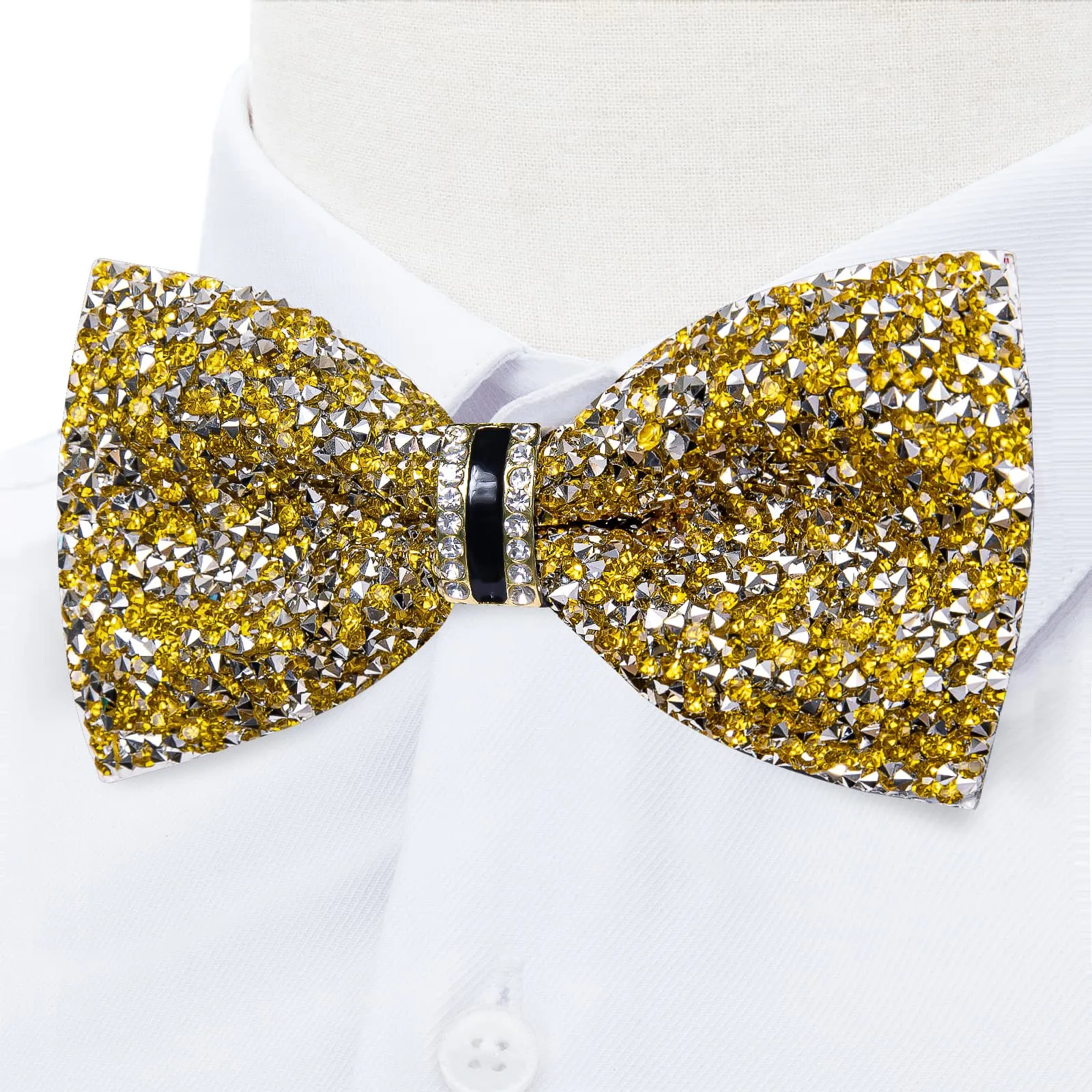 DiBanGu Imitation Diamond Bow Tie Yellow Silver Crystal Men's Pre Tied Bow Ties