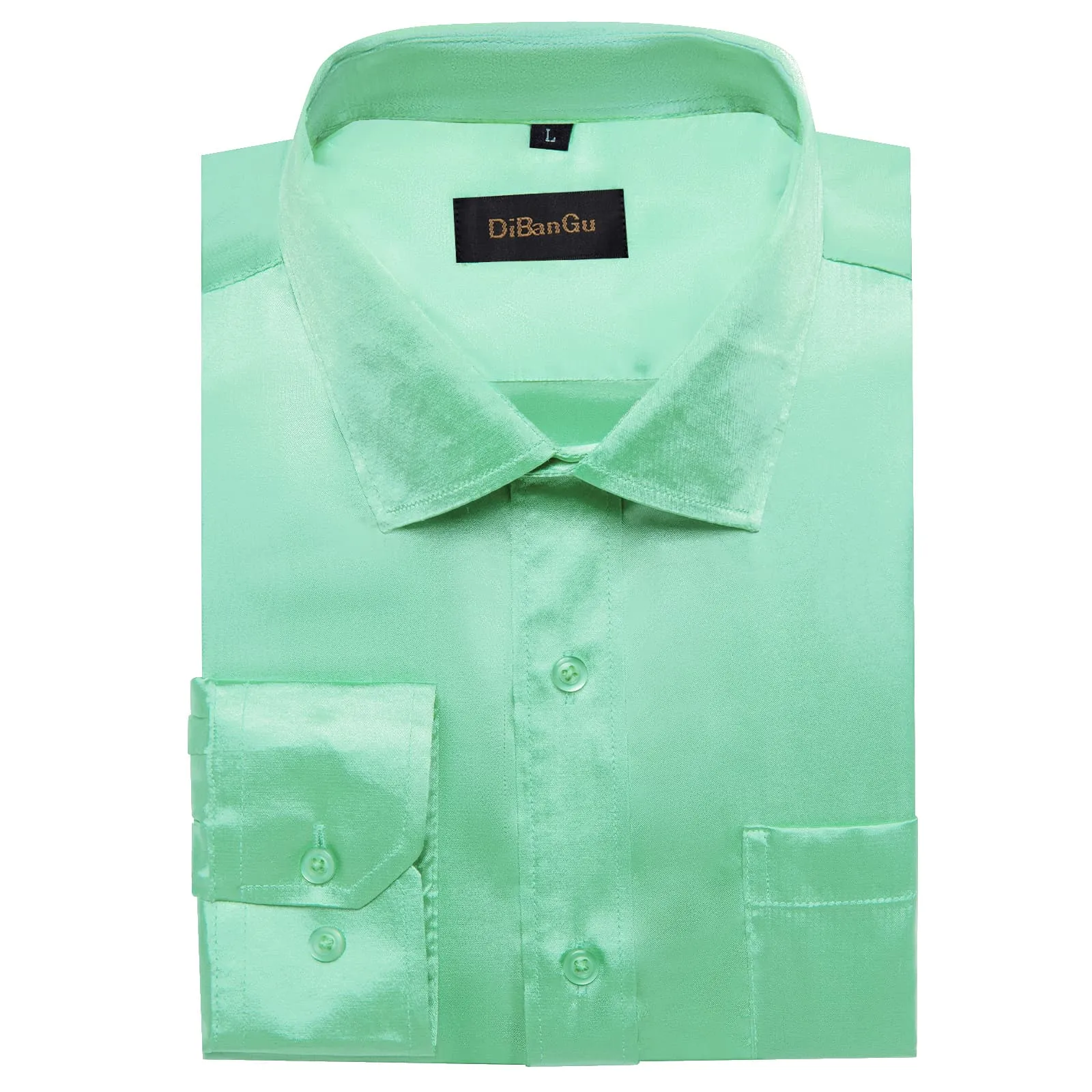 DiBanGu Long Sleeve Shirt Mint Green Solid Satin Men's Silk Shirt