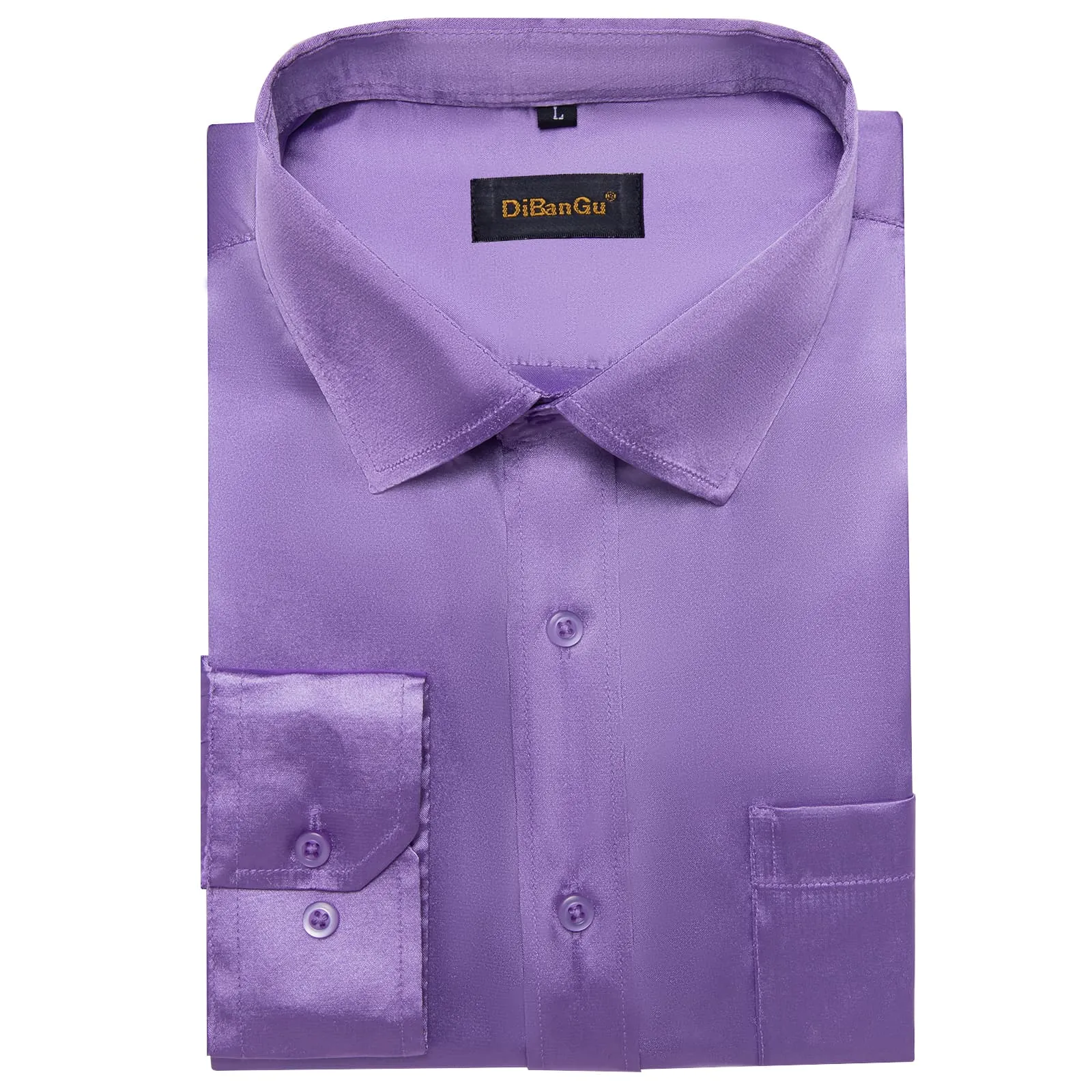 DiBanGu Long Sleeve Shirt Purple Orchid Solid Satin Men's Silk Shirt