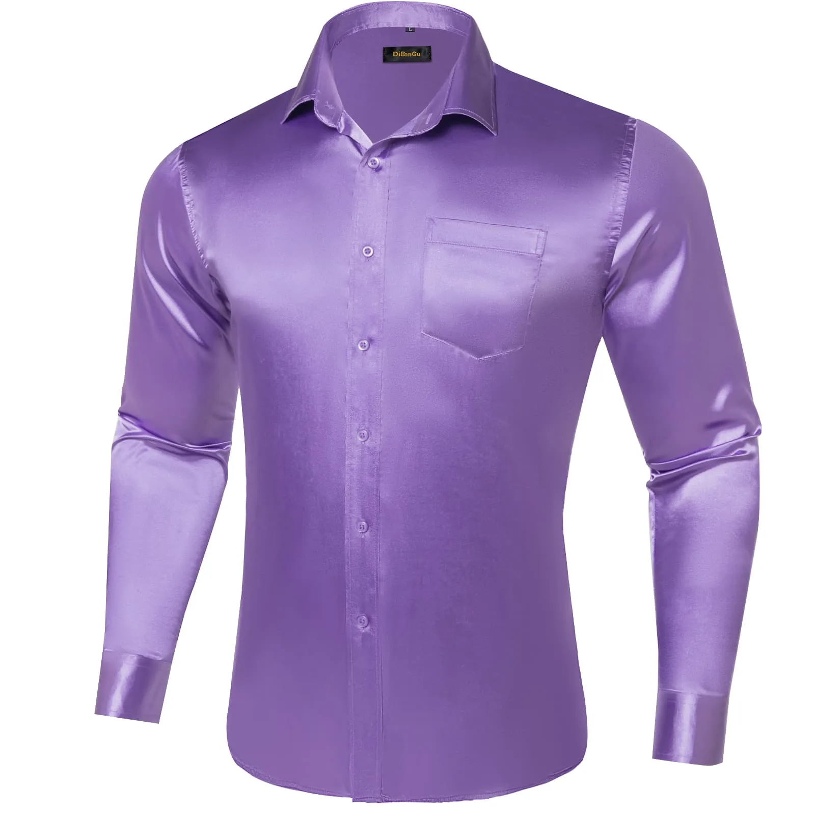 DiBanGu Long Sleeve Shirt Purple Orchid Solid Satin Men's Silk Shirt