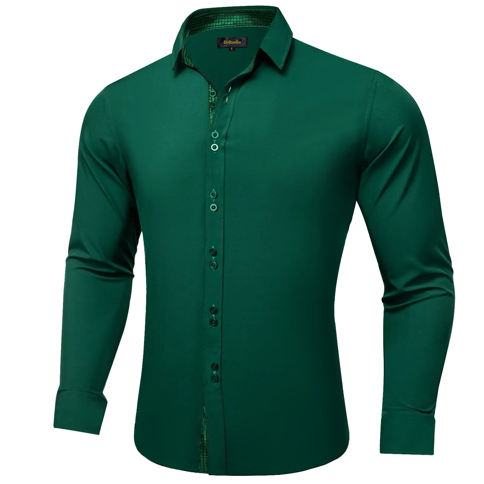 DiBanGu Mens Dress Shirt Solid Dark Green Splicing Silk Button Down Shirt