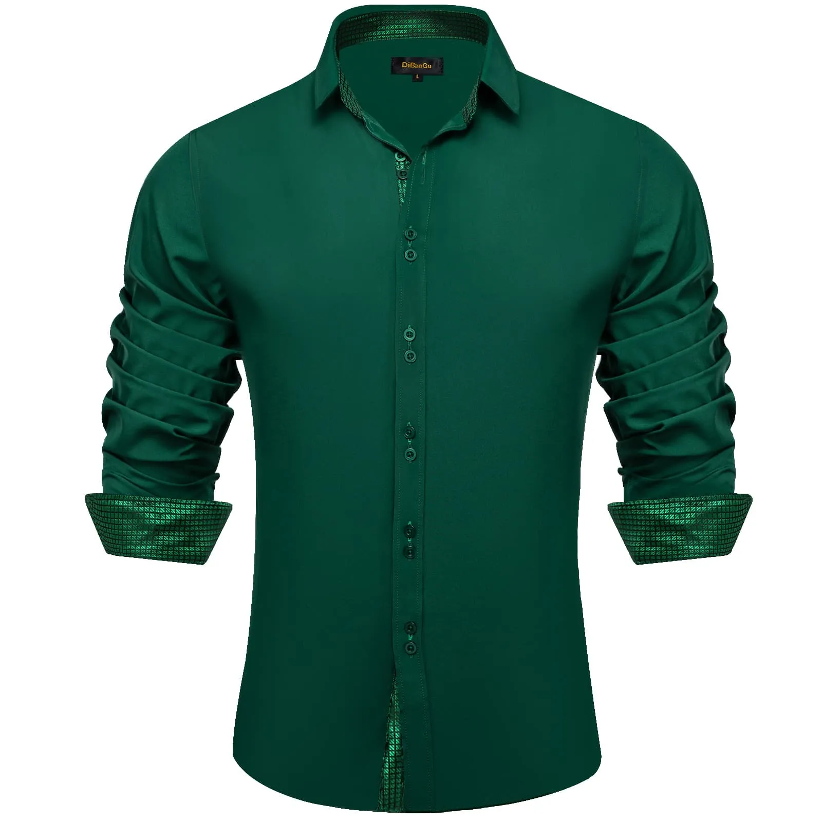 DiBanGu Mens Dress Shirt Solid Dark Green Splicing Silk Button Down Shirt