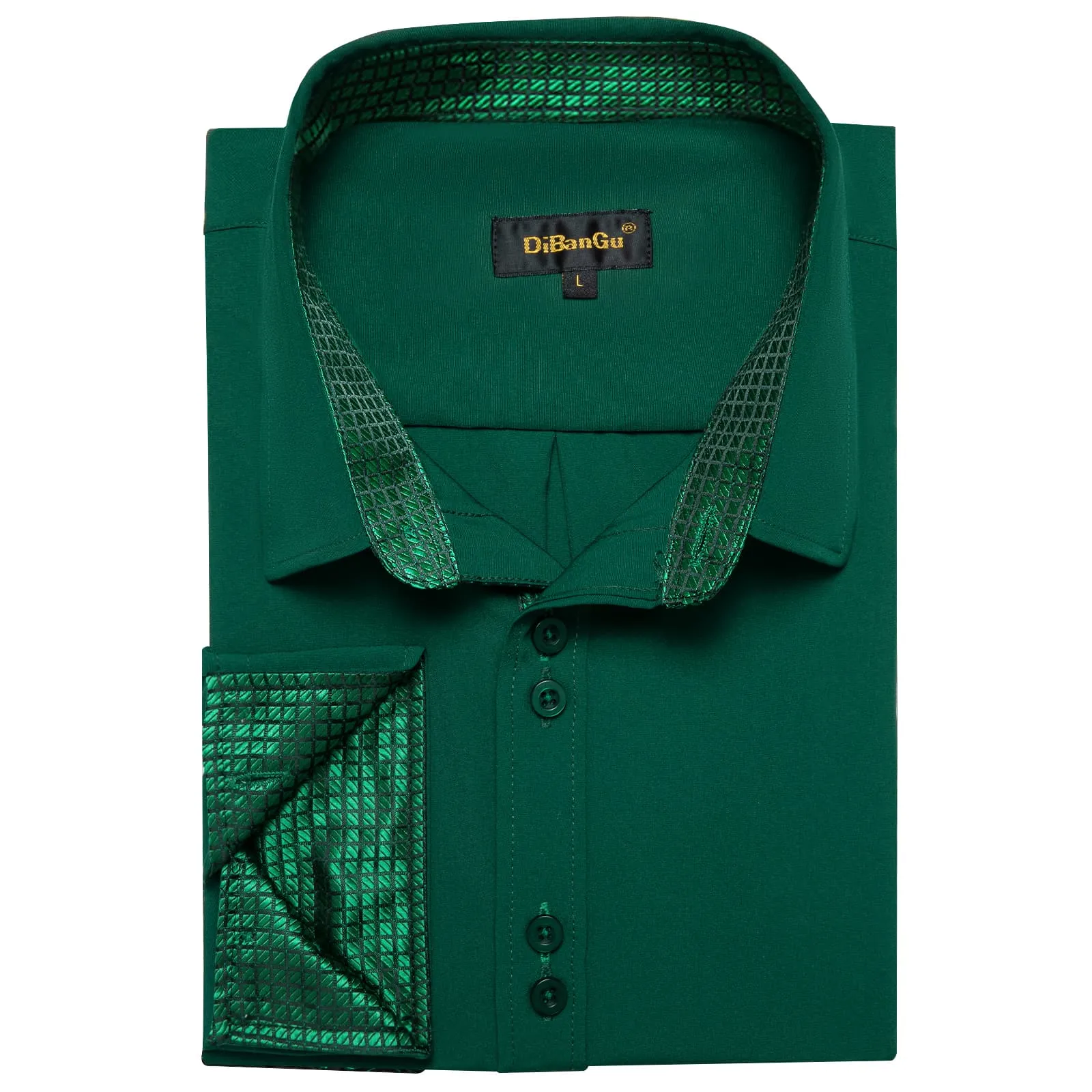 DiBanGu Mens Dress Shirt Solid Dark Green Splicing Silk Button Down Shirt