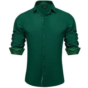 DiBanGu Mens Dress Shirt Solid Dark Green Splicing Silk Button Down Shirt