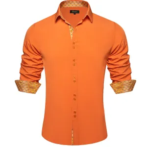 DiBanGu Mens Dress Shirt Solid Dark Orange Splicing Silk Long Sleeve Shirt