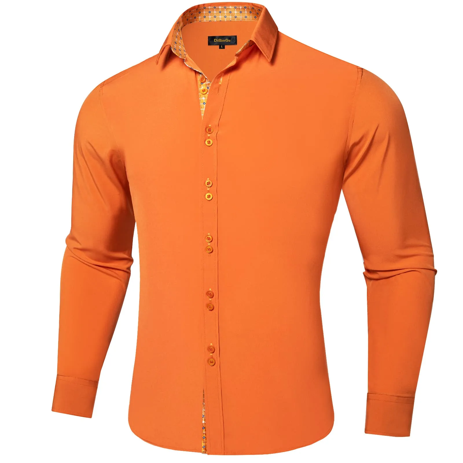 DiBanGu Mens Dress Shirt Solid Dark Orange Splicing Silk Long Sleeve Shirt