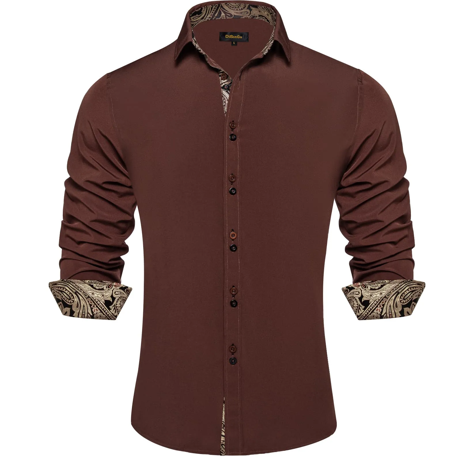 DiBanGu Mens Dress Shirt Solid Pecan Brown Splicing Paisley Silk Button Down Shirt