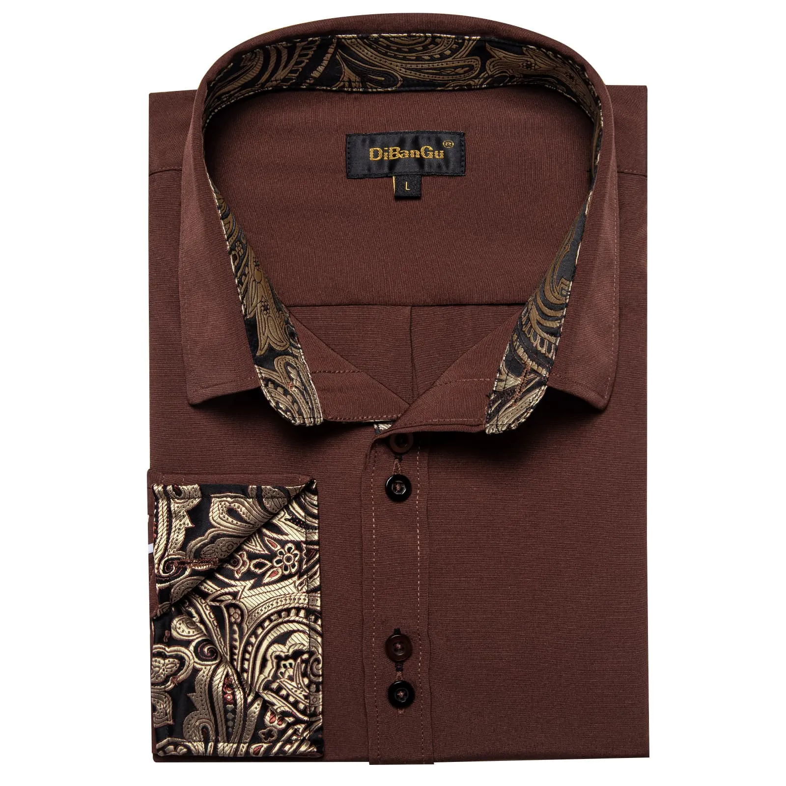 DiBanGu Mens Dress Shirt Solid Pecan Brown Splicing Paisley Silk Button Down Shirt