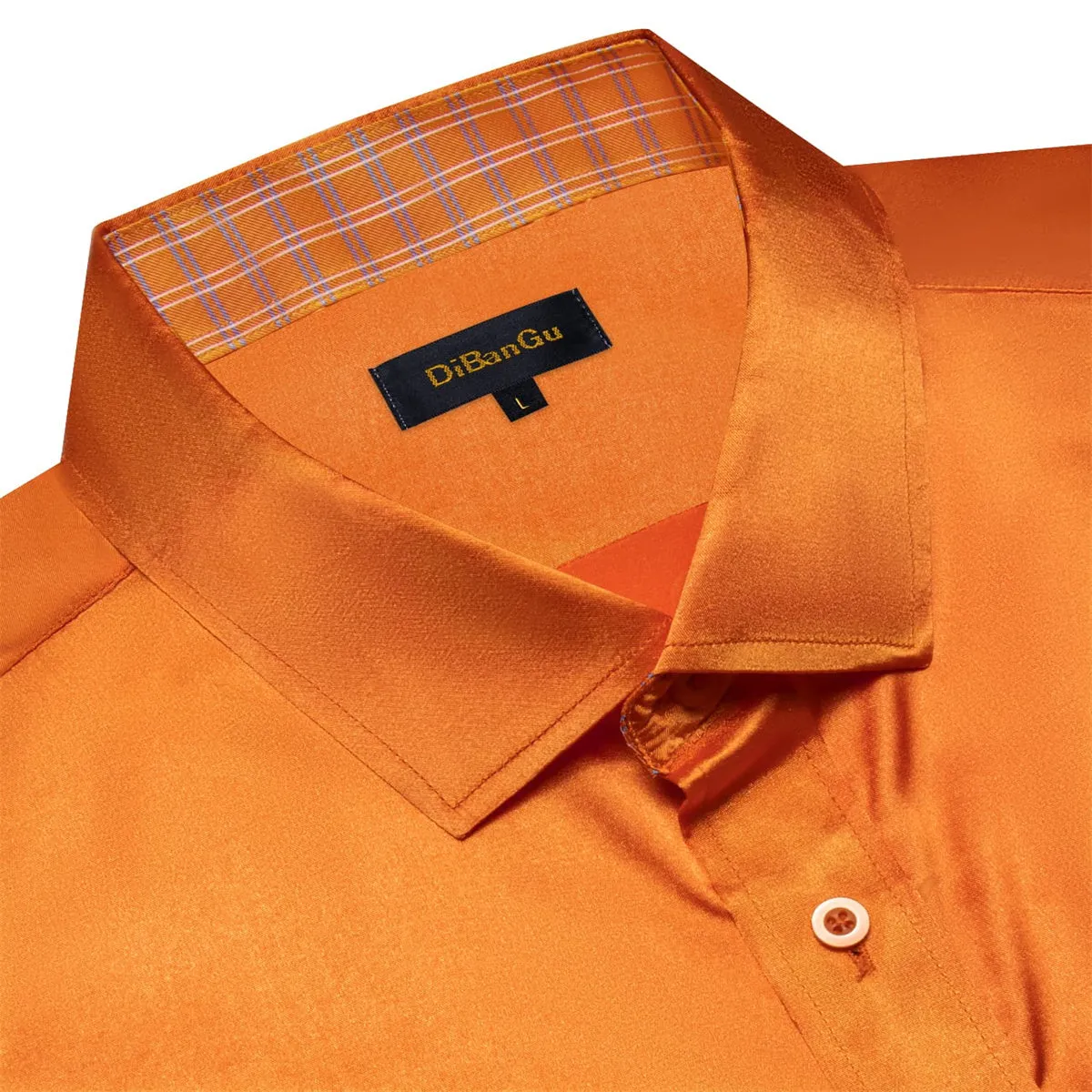 DiBanGu Tuxedo Shirt Cadmium Orange Solid Satin Silk Button Up Long Sleeve Men's Shirt