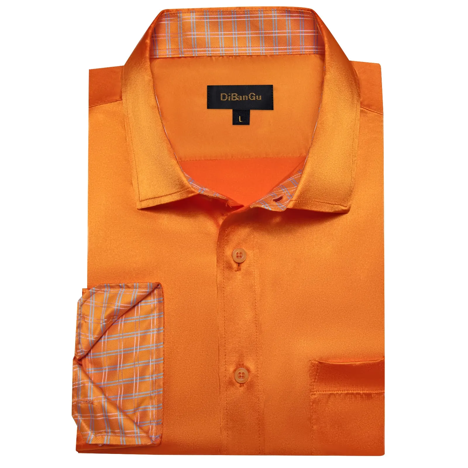 DiBanGu Tuxedo Shirt Cadmium Orange Solid Satin Silk Button Up Long Sleeve Men's Shirt