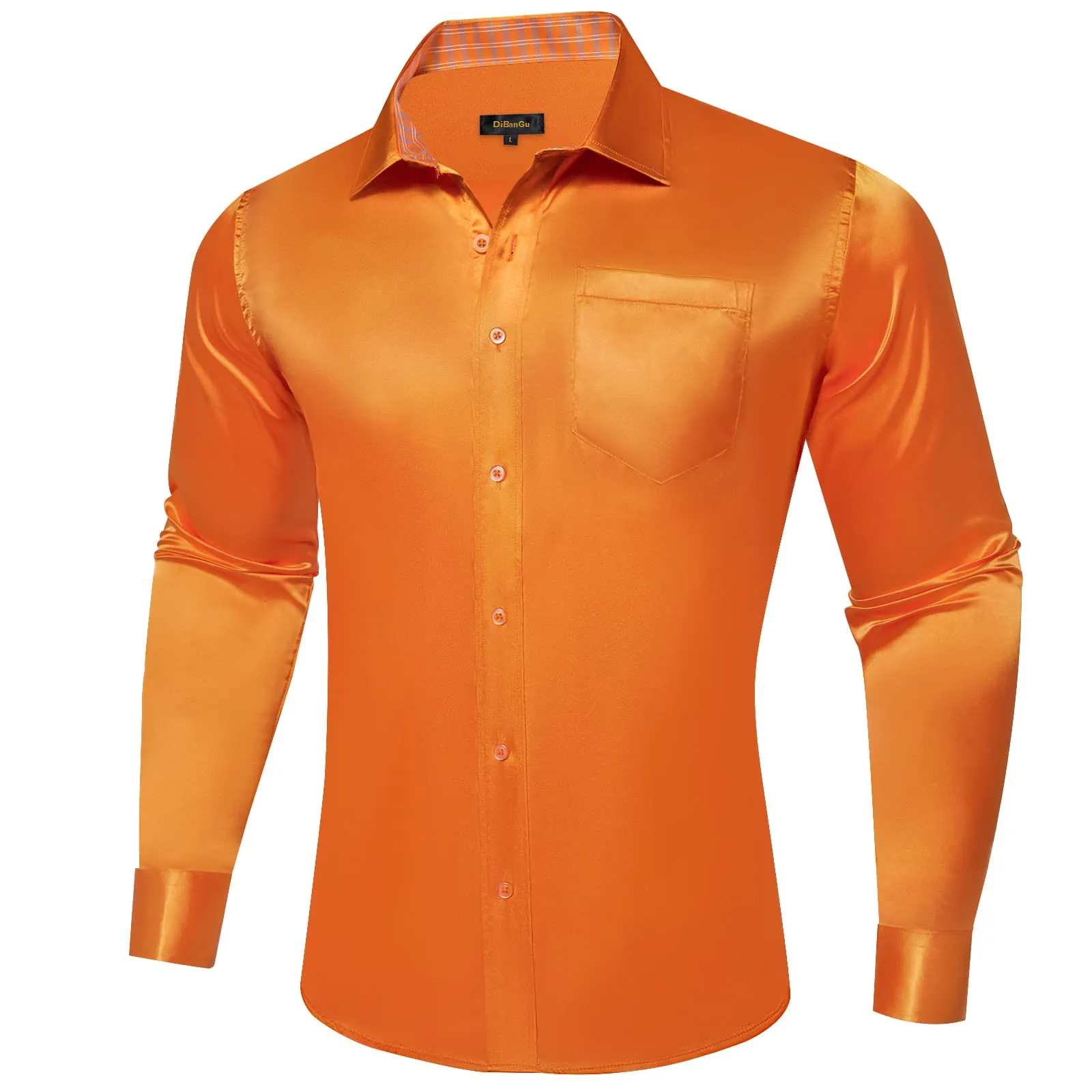 DiBanGu Tuxedo Shirt Cadmium Orange Solid Satin Silk Button Up Long Sleeve Men's Shirt