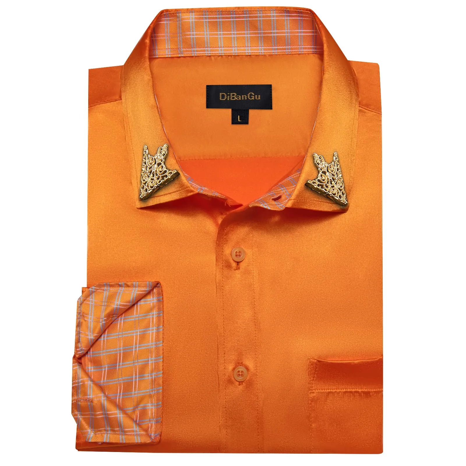 DiBanGu Tuxedo Shirt Cadmium Orange Solid Satin Silk Button Up Long Sleeve Men's Shirt