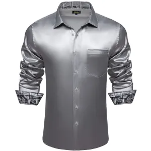 DiBanGu Tuxedo Shirt Dim Gray Solid Satin Silk Button Up Long Sleeve Men's Shirt