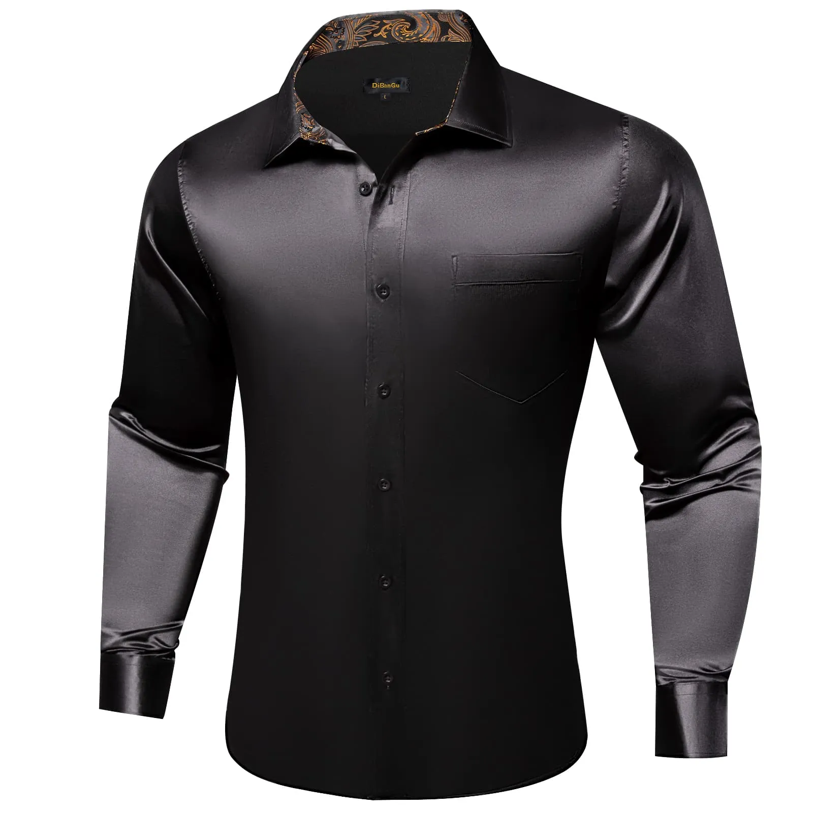 DiBanGu Tuxedo Shirt Onyx Black Solid Satin Silk Button Up Long Sleeve Shirt for Men