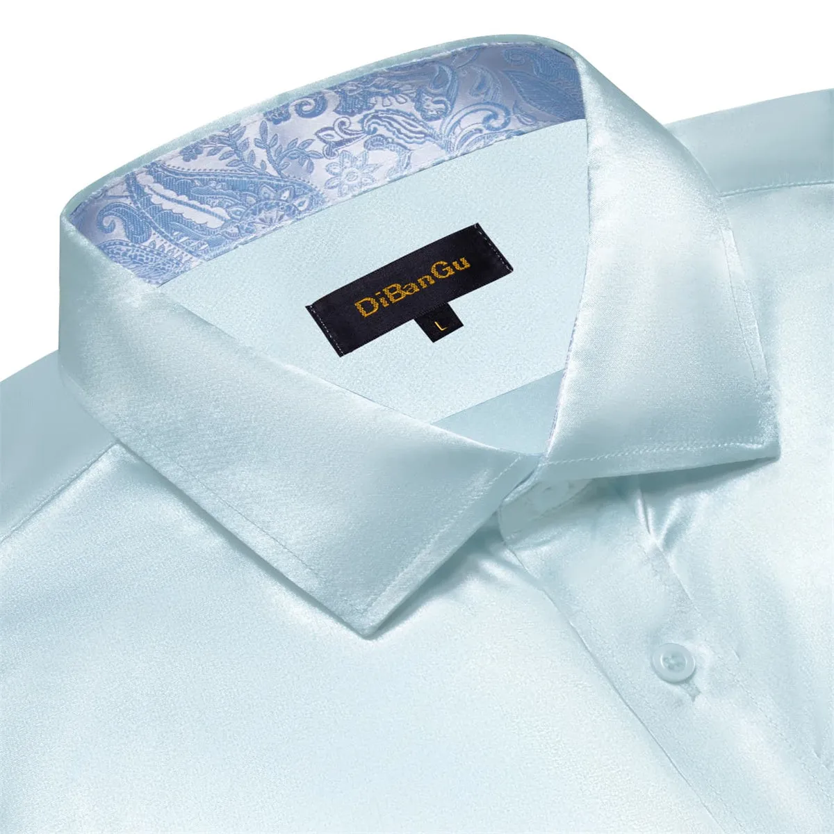 DiBanGu Tuxedo Shirt Pastel Blue Solid Satin Silk Button Up Long Sleeve Men's Dress Shirt