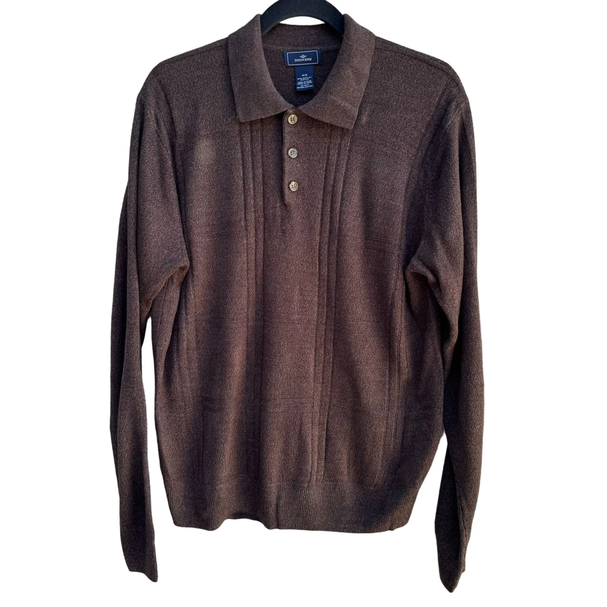 Dockers Mens Brown Long Sleeve Polo Collar Knit Retro Style Grandpa Sweater Med