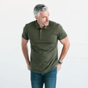 Essential Short Sleeve Curved Hem Polo Shirt –  Olive Green Cotton Jersey