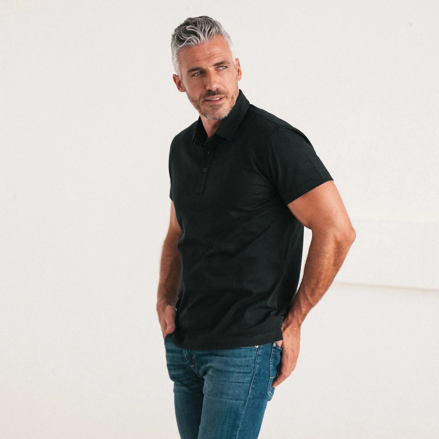 Essential Short Sleeve Polo Shirt –  Black Cotton Jersey