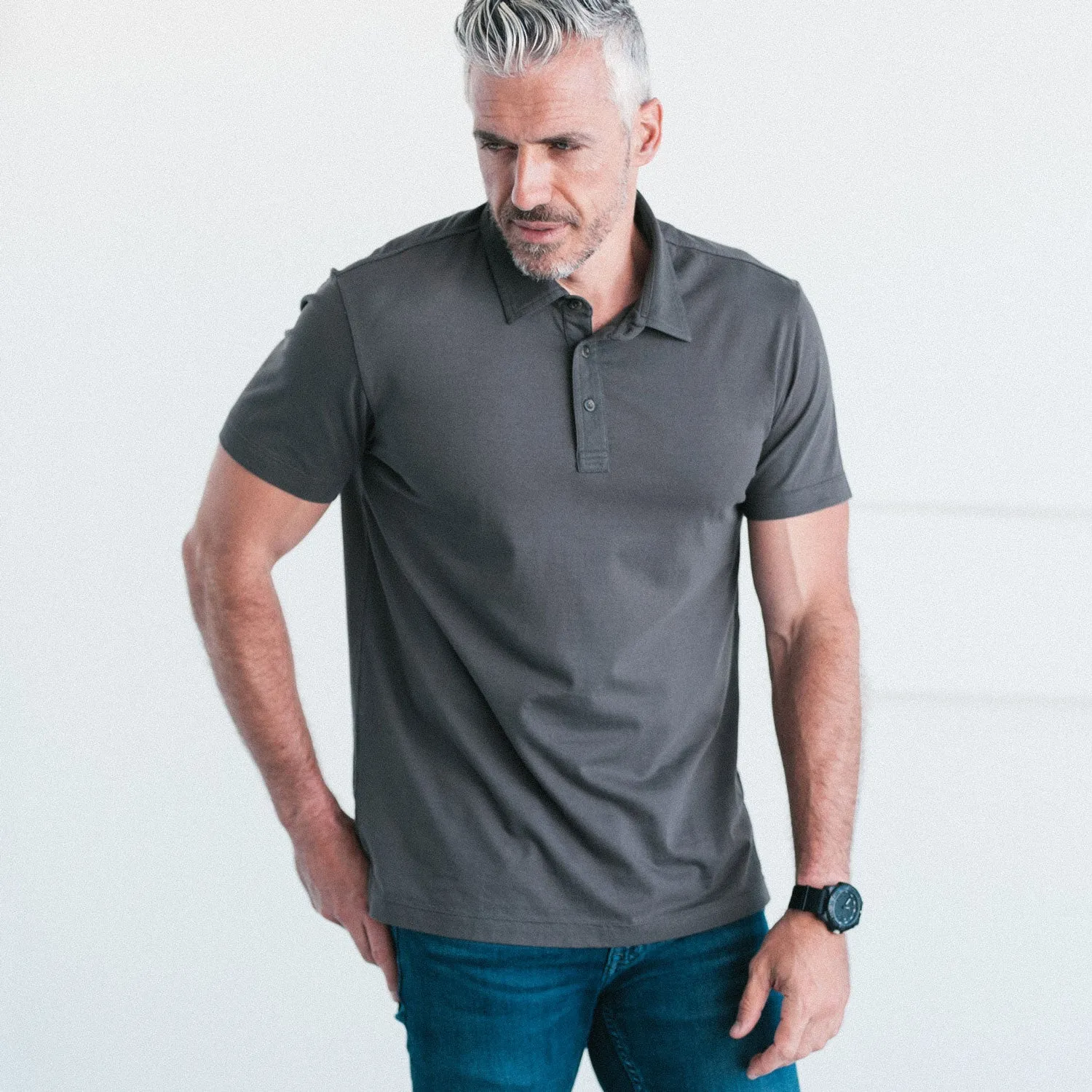 Essential Short Sleeve Polo Shirt –  Slate Gray Cotton Jersey