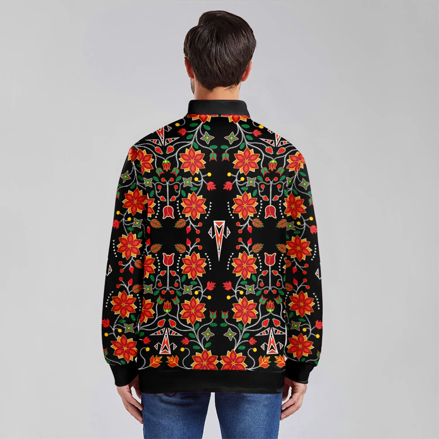 Floral Beadwork Six Bands Zippered Collared Lightweight Jacket