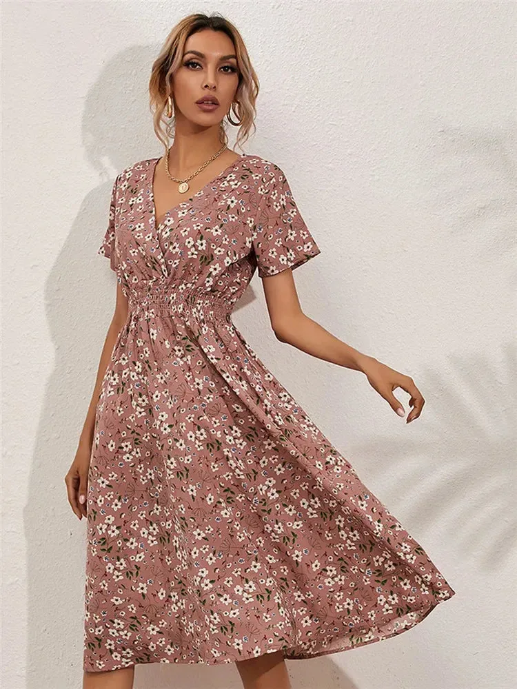 Floral Chic Summer Short Sleeve Women's Fashionable Midi Dress