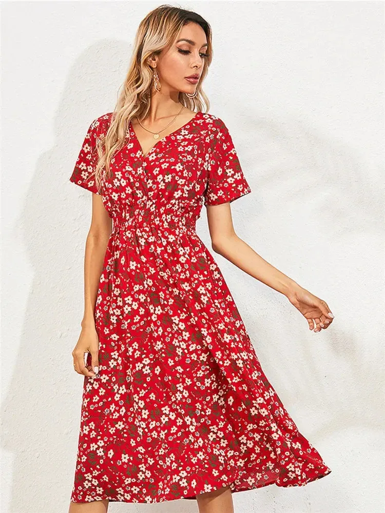 Floral Chic Summer Short Sleeve Women's Fashionable Midi Dress