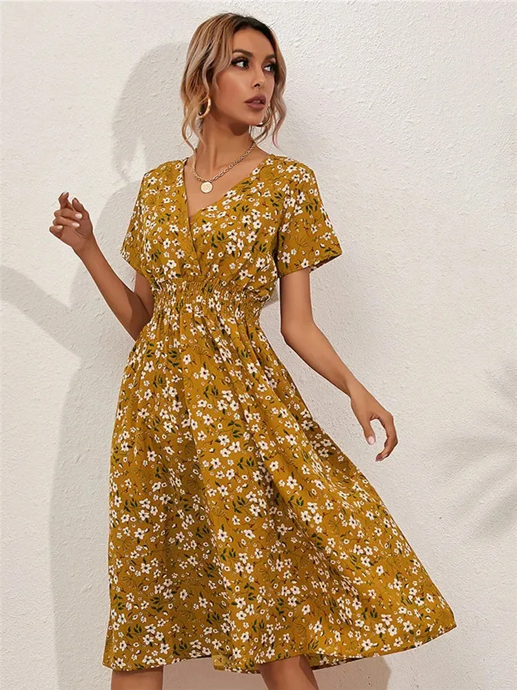 Floral Chic Summer Short Sleeve Women's Fashionable Midi Dress