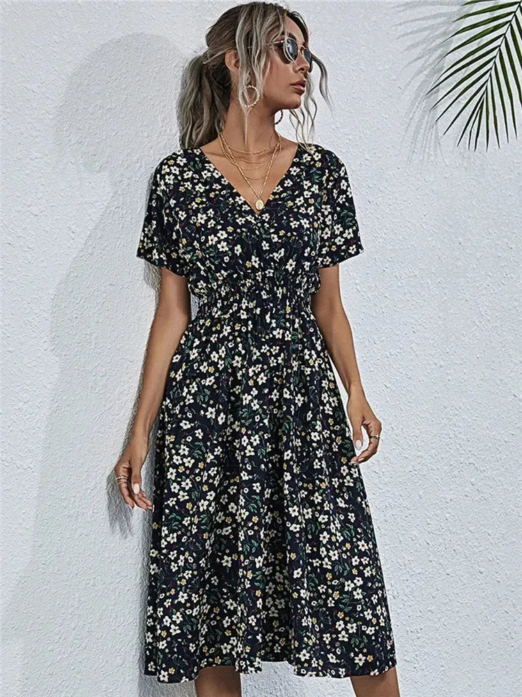 Floral Chic Summer Short Sleeve Women's Fashionable Midi Dress