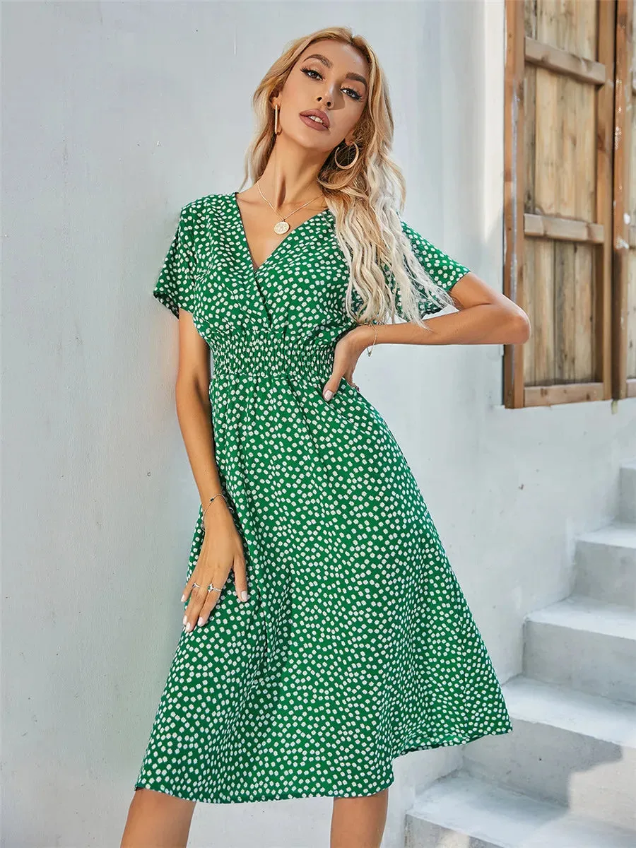 Floral Chic Summer Short Sleeve Women's Fashionable Midi Dress