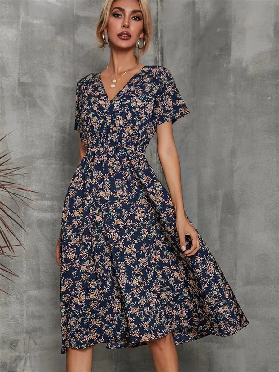 Floral Chic Summer Short Sleeve Women's Fashionable Midi Dress