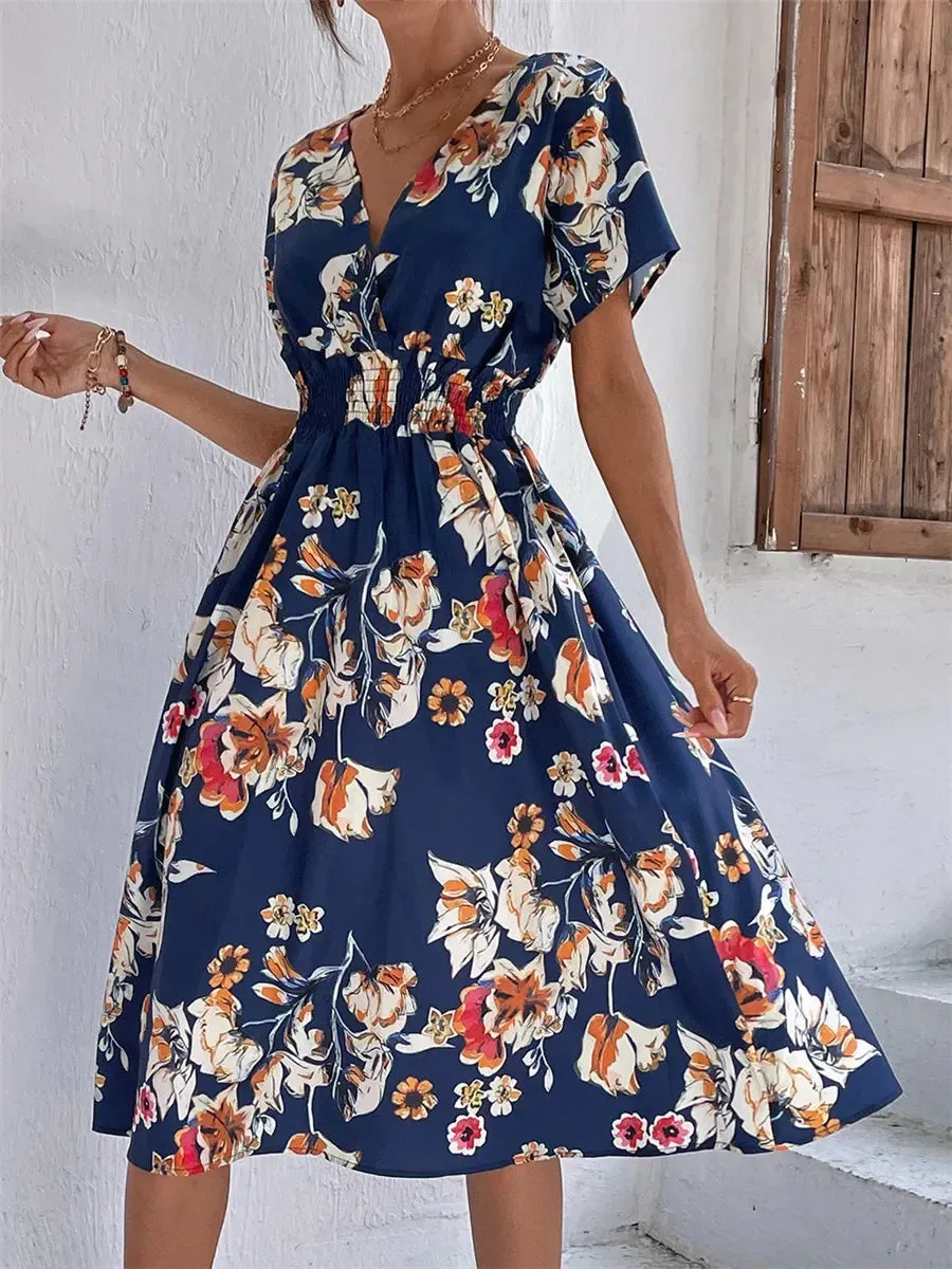 Floral Chic Summer Short Sleeve Women's Fashionable Midi Dress