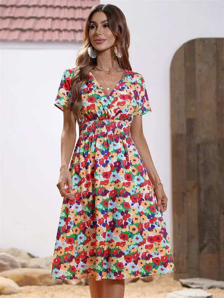 Floral Chic Summer Short Sleeve Women's Fashionable Midi Dress