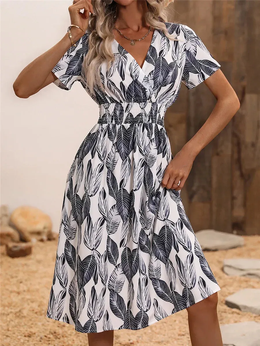 Floral Chic Summer Short Sleeve Women's Fashionable Midi Dress