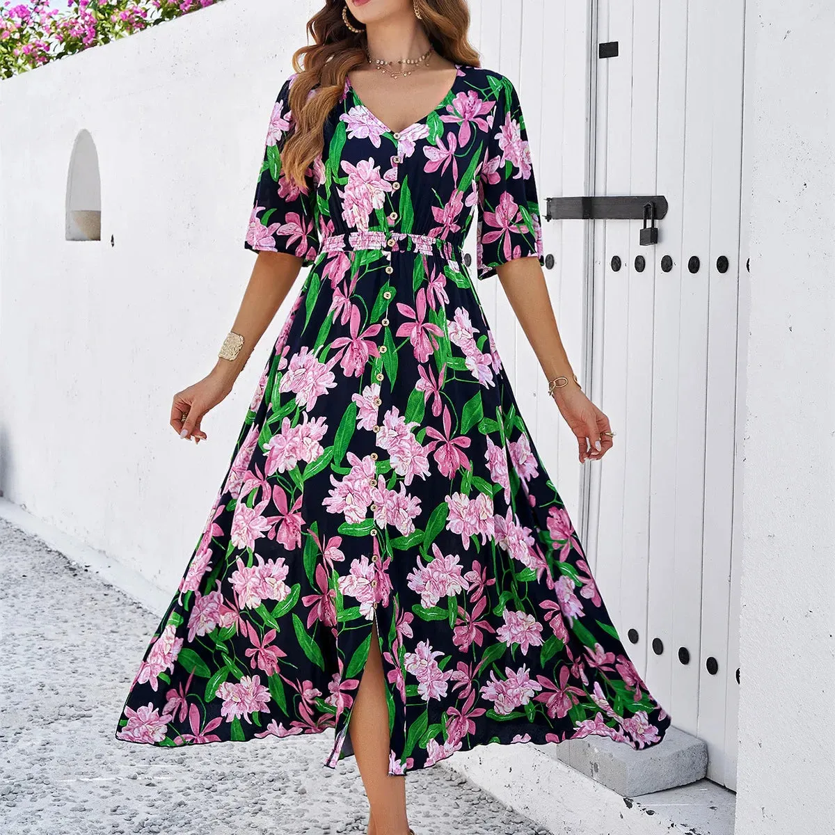 Floral Print Summer 2024 Holiday Casual Midi Dress